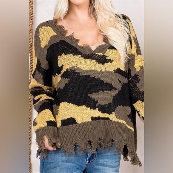 OLIVE MUSTARD BLACK CAMOUFLAGE PRINT LONG SLEEVE FRAYED KNIT SWEATER - Picture 3 of 8